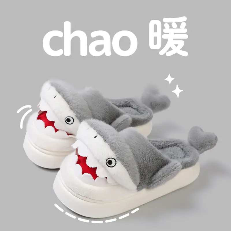 Cartoon Shark Cotton Slippers for Men Winter Warm - Image 2