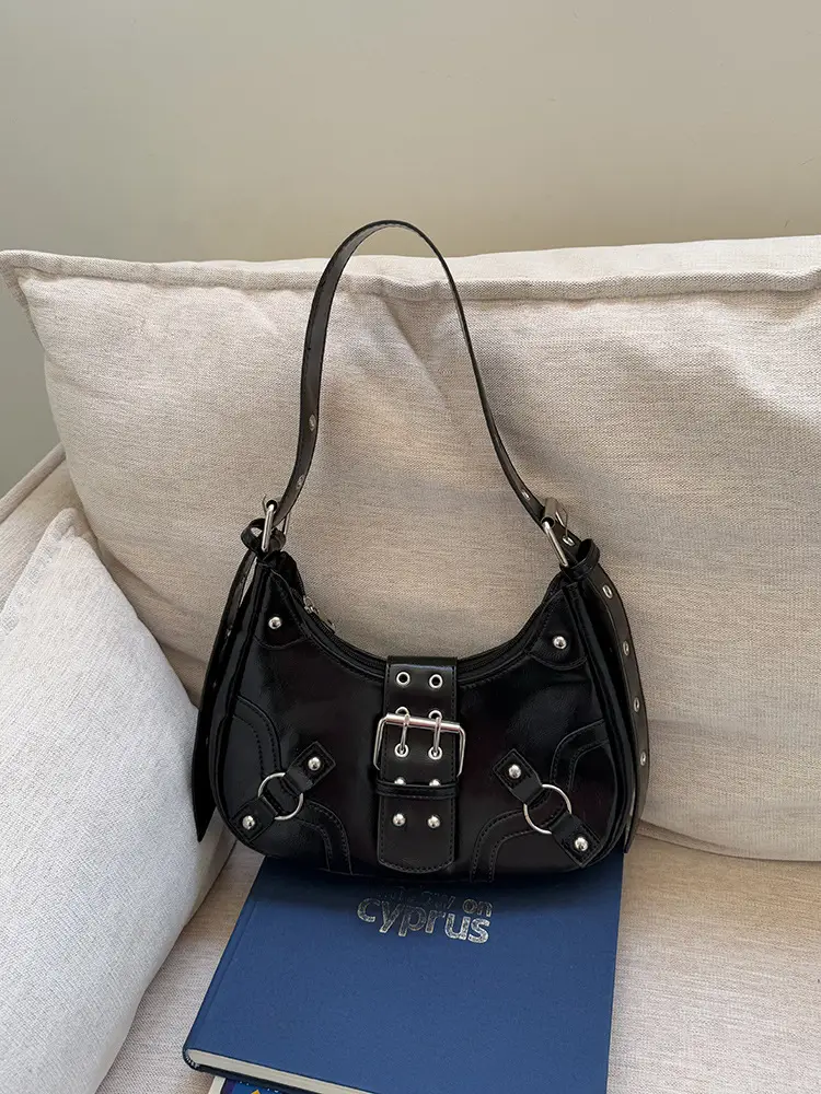 Black Studded Motorcycle Style Shoulder Bag for Women - Image 3