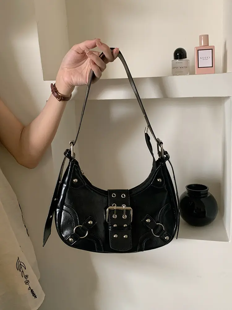 Black Studded Motorcycle Style Shoulder Bag for Women - Image 6