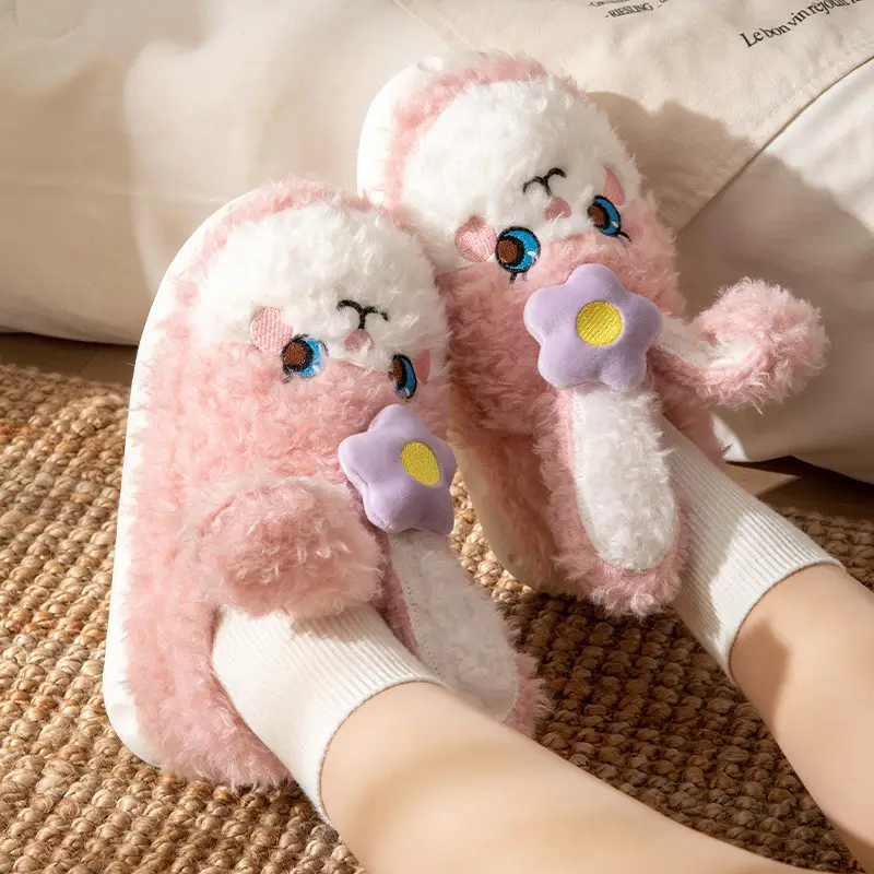 Cute Pink Rabbit Slippers for Women Winter Warm Indoor