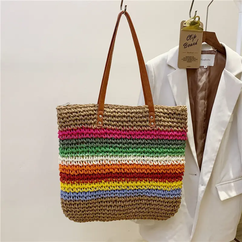 Rainbow Straw Tote Bag for Women Large Capacity Beach Travel - Image 4