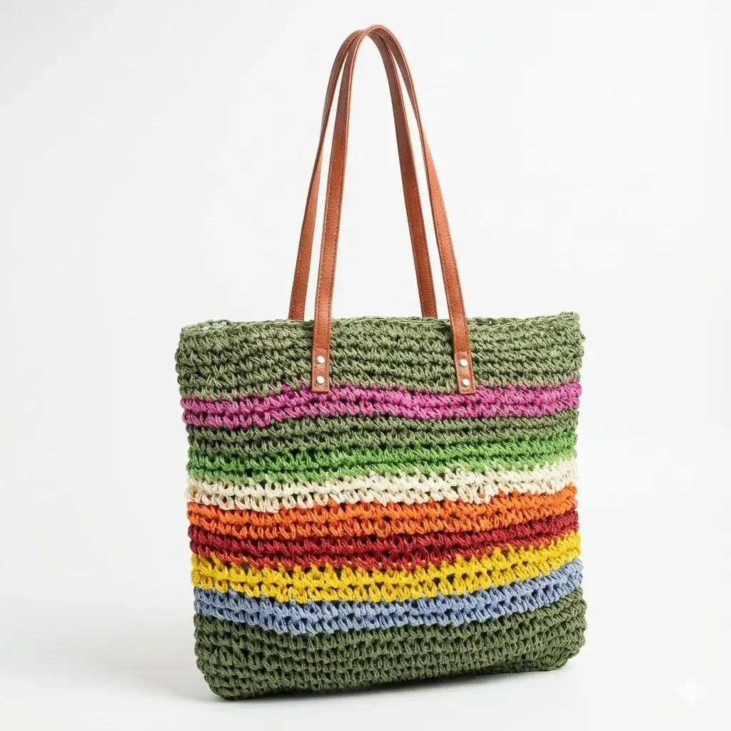 Rainbow Straw Tote Bag for Women Large Capacity Beach Travel - Image 5