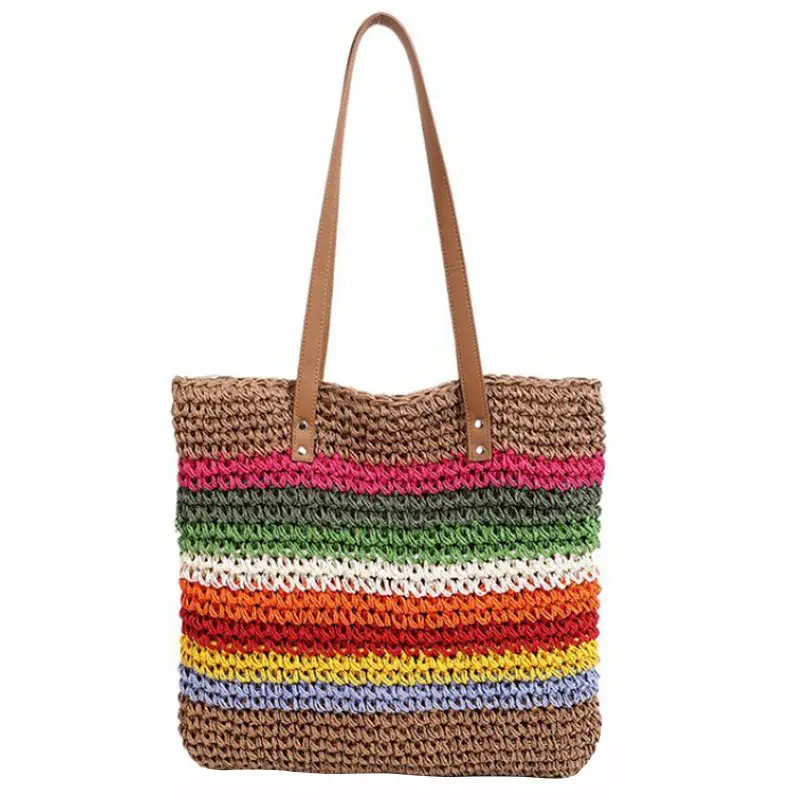 Rainbow Straw Tote Bag for Women Large Capacity Beach Travel - Image 2