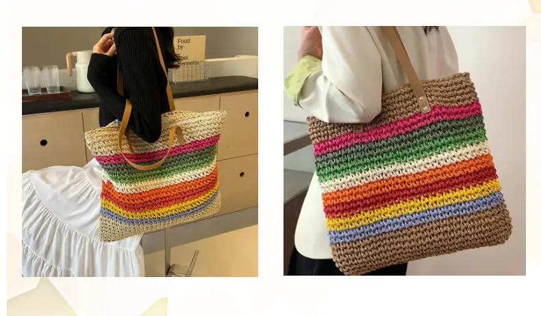 Rainbow Straw Tote Bag for Women Large Capacity Beach Travel — feature 8