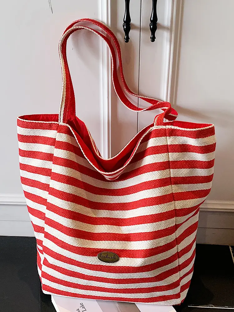 Red Striped Canvas Shoulder Bag Large Capacity Women - Image 5