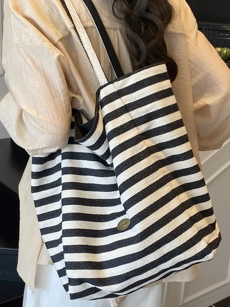 Red Striped Canvas Shoulder Bag Large Capacity Women - Image 9