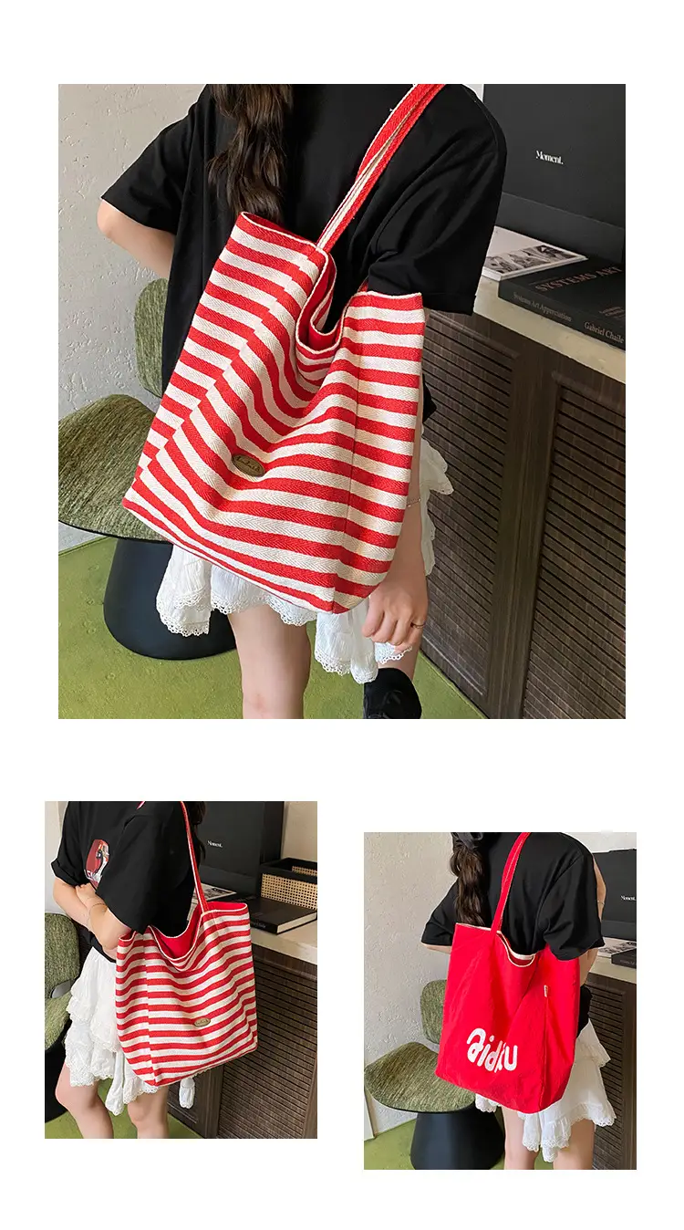 Red Striped Canvas Shoulder Bag Large Capacity Women — feature 11