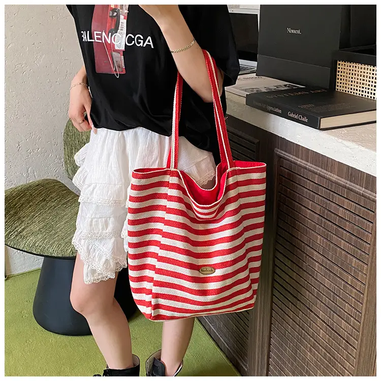 Red Striped Canvas Shoulder Bag Large Capacity Women — feature 13