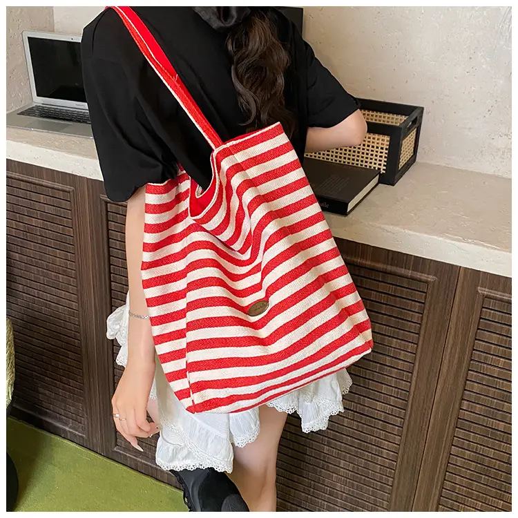 Red Striped Canvas Shoulder Bag Large Capacity Women — feature 14