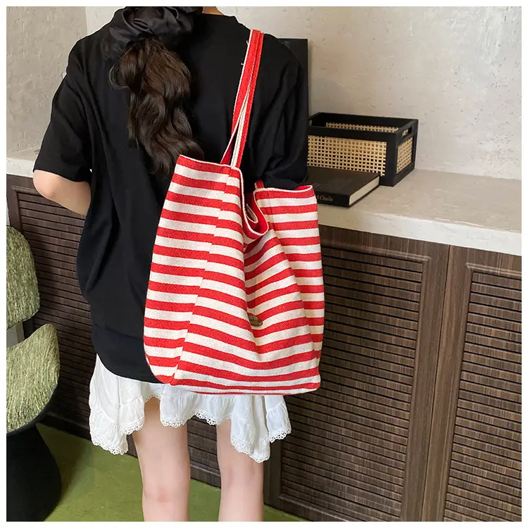 Red Striped Canvas Shoulder Bag Large Capacity Women — feature 15