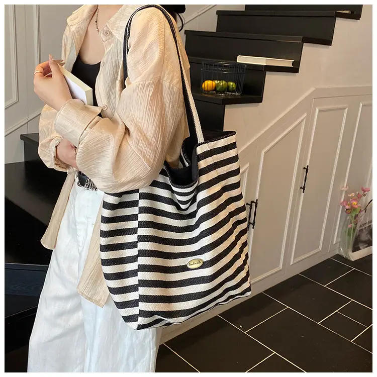 Red Striped Canvas Shoulder Bag Large Capacity Women — feature 22