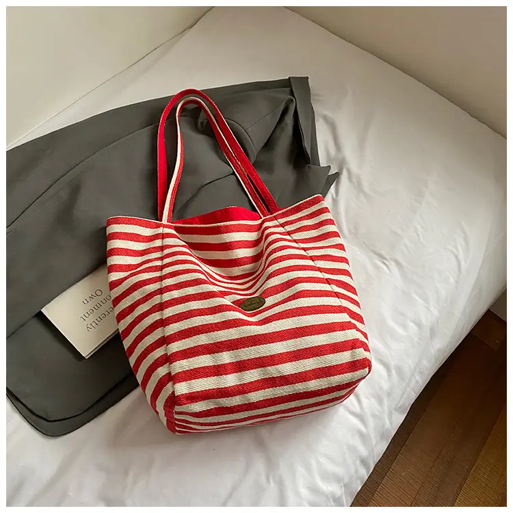 Red Striped Canvas Shoulder Bag Large Capacity Women — feature 28