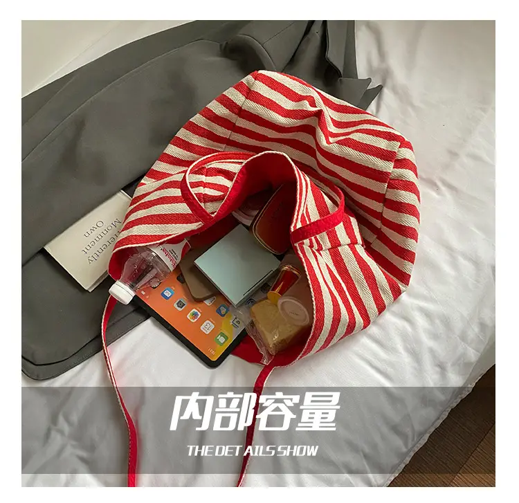 Red Striped Canvas Shoulder Bag Large Capacity Women — feature 5