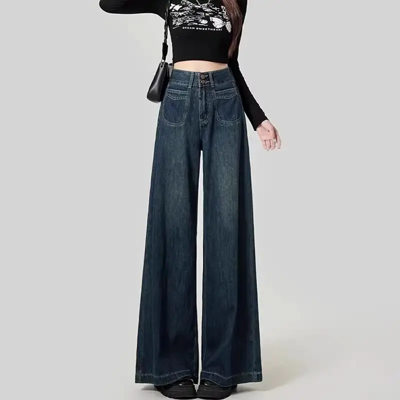 Fleece Lined Thick Dark Blue Wide Leg Jeans for Women