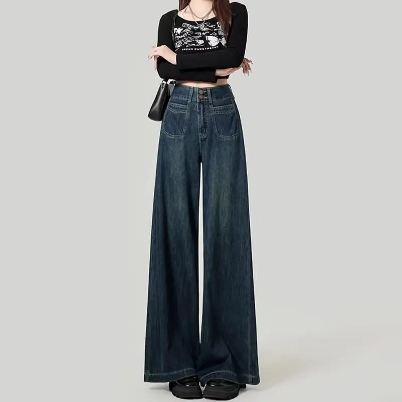 Fleece Lined Thick Dark Blue Wide Leg Jeans for Women