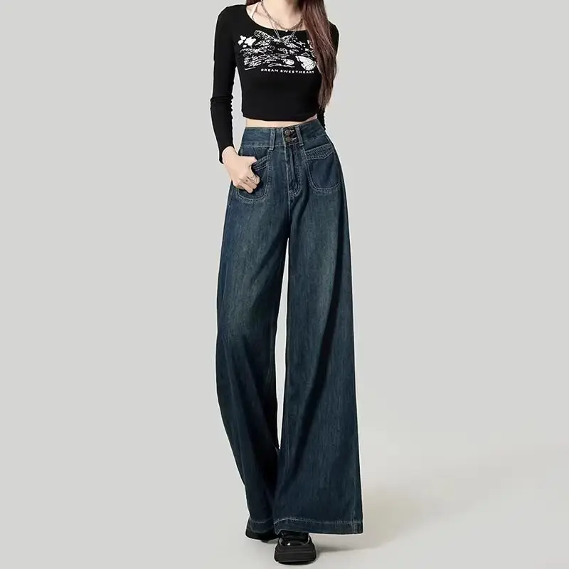 Fleece Lined Thick Dark Blue Wide Leg Jeans for Women