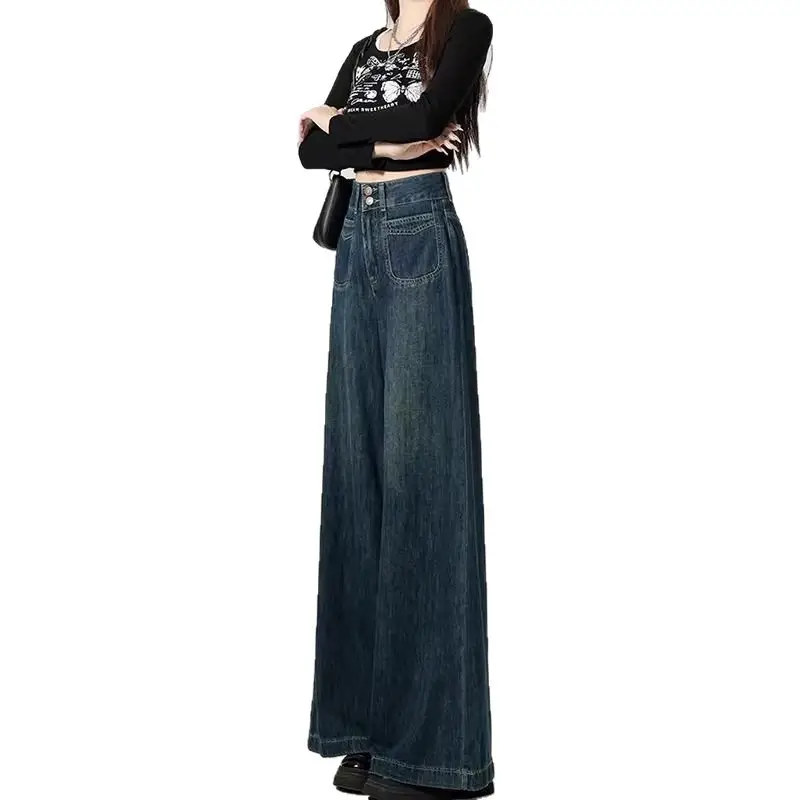 Fleece Lined Thick Dark Blue Wide Leg Jeans for Women
