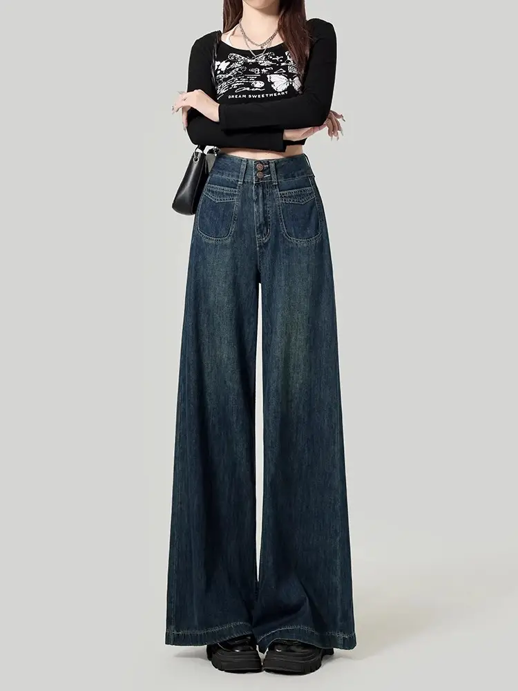 Fleece Lined Thick Dark Blue Wide Leg Jeans for Women — feature 2