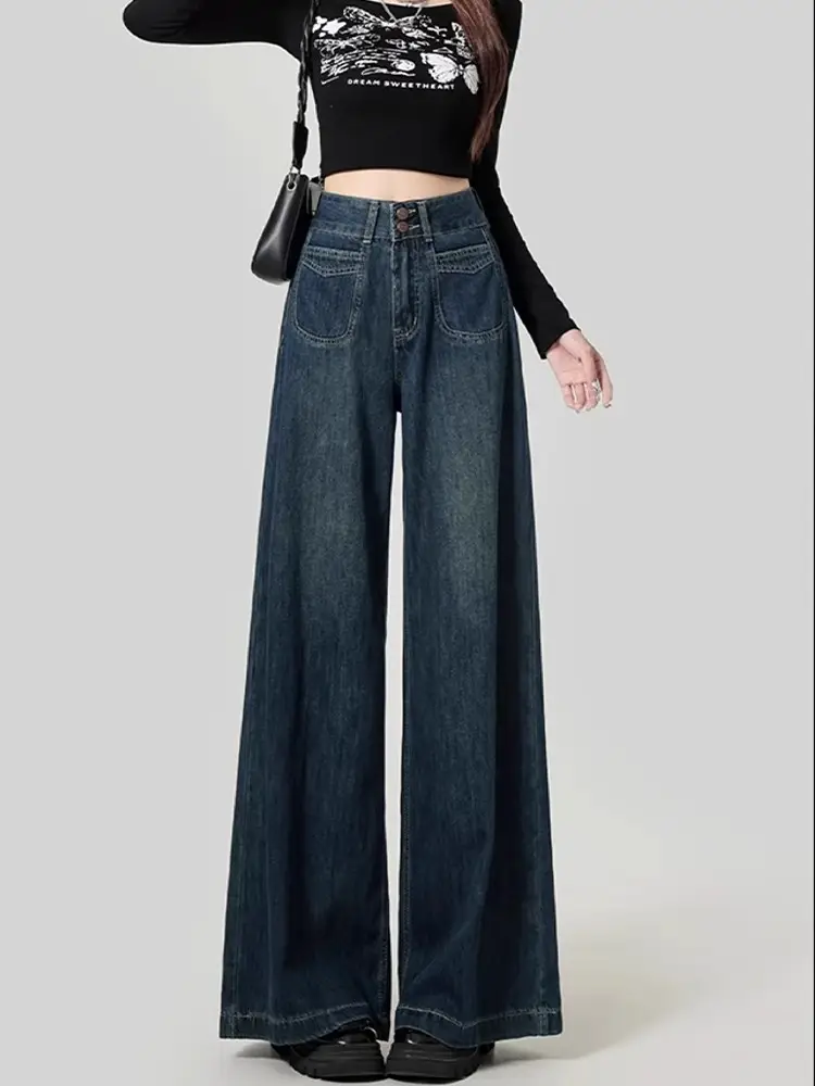 Fleece Lined Thick Dark Blue Wide Leg Jeans for Women — feature 3
