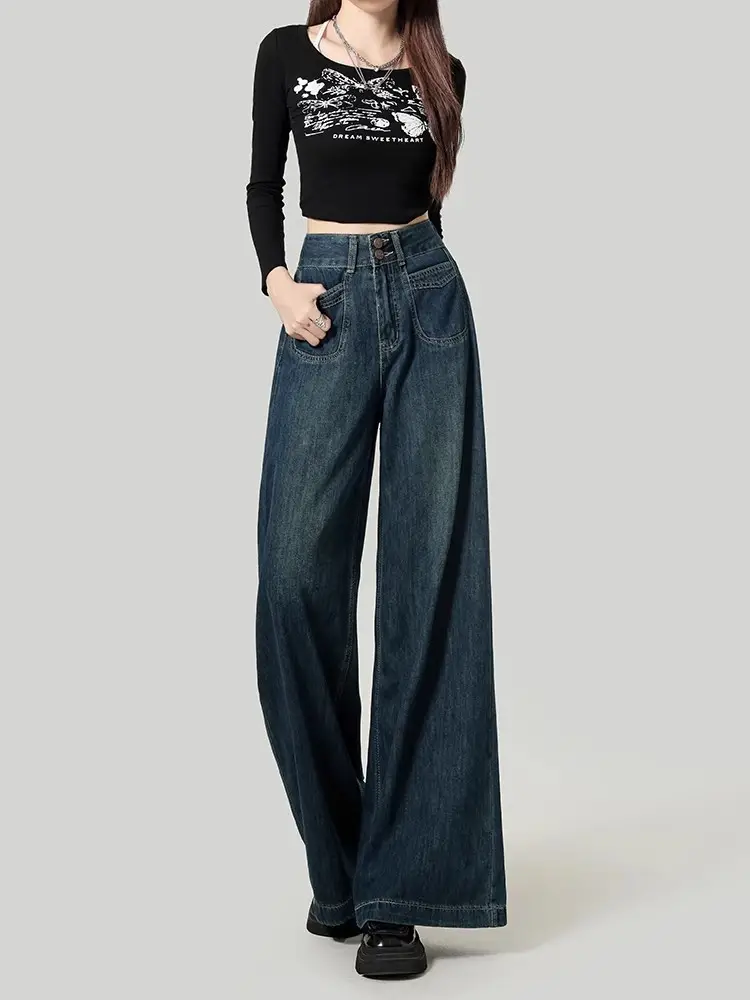 Fleece Lined Thick Dark Blue Wide Leg Jeans for Women — feature 4