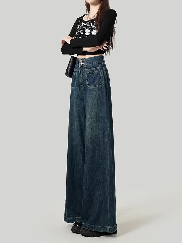 Fleece Lined Thick Dark Blue Wide Leg Jeans for Women — feature 5