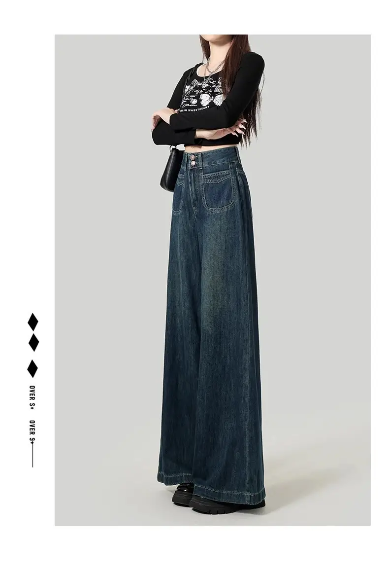 Fleece Lined Thick Dark Blue Wide Leg Jeans for Women — feature 7