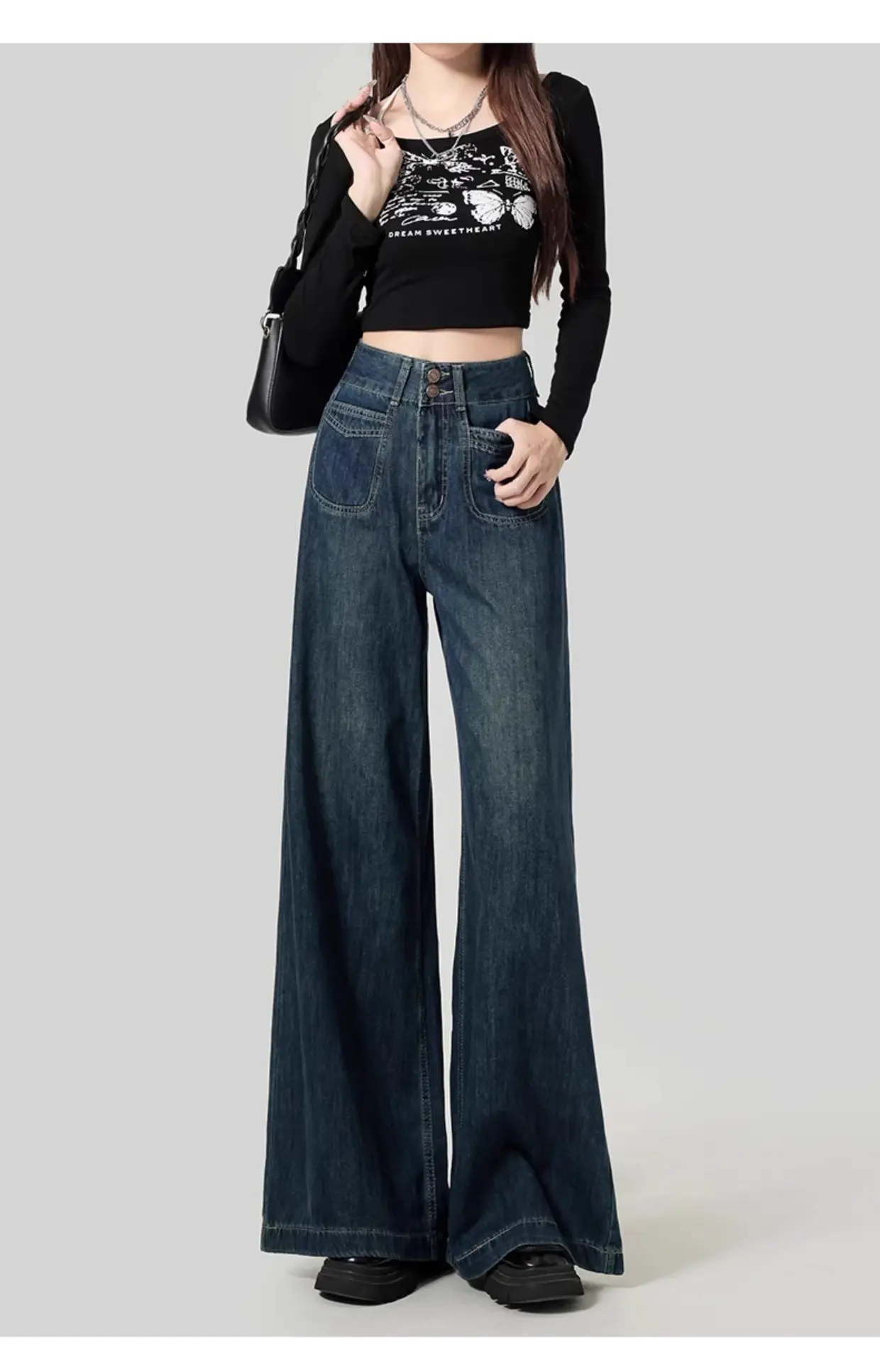 Fleece Lined Thick Dark Blue Wide Leg Jeans for Women — feature 8