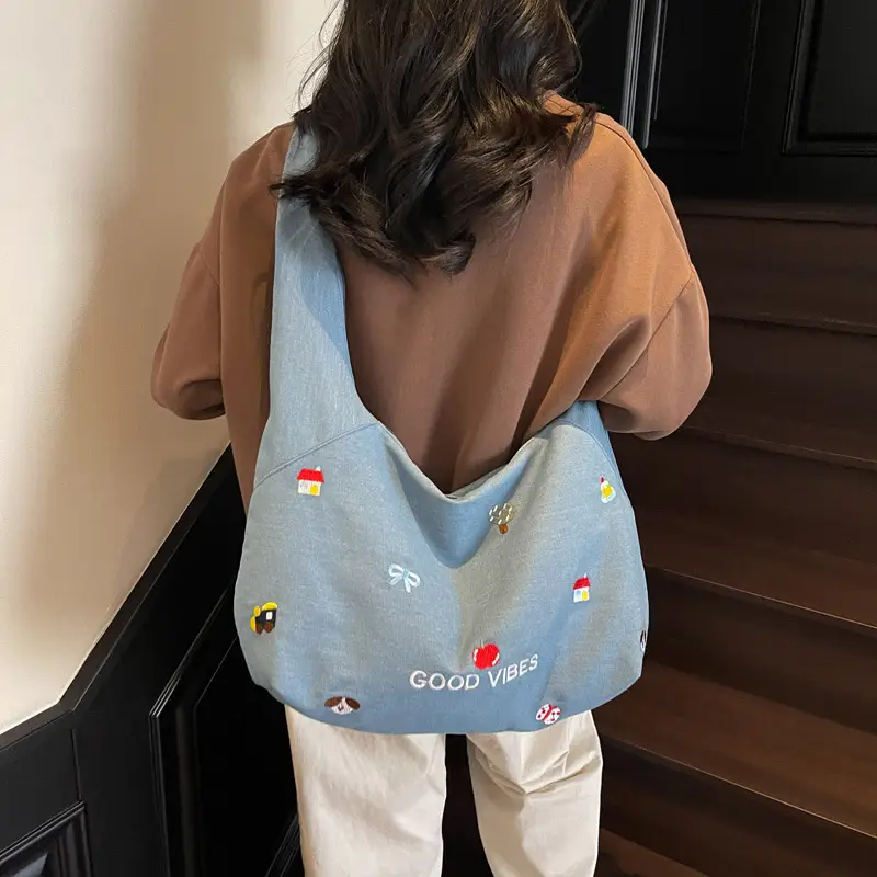 Japanese Embroidered Denim Crossbody Bag for Women - Image 6