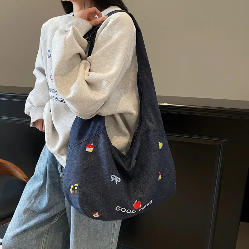 Japanese Embroidered Denim Crossbody Bag for Women - Image 7
