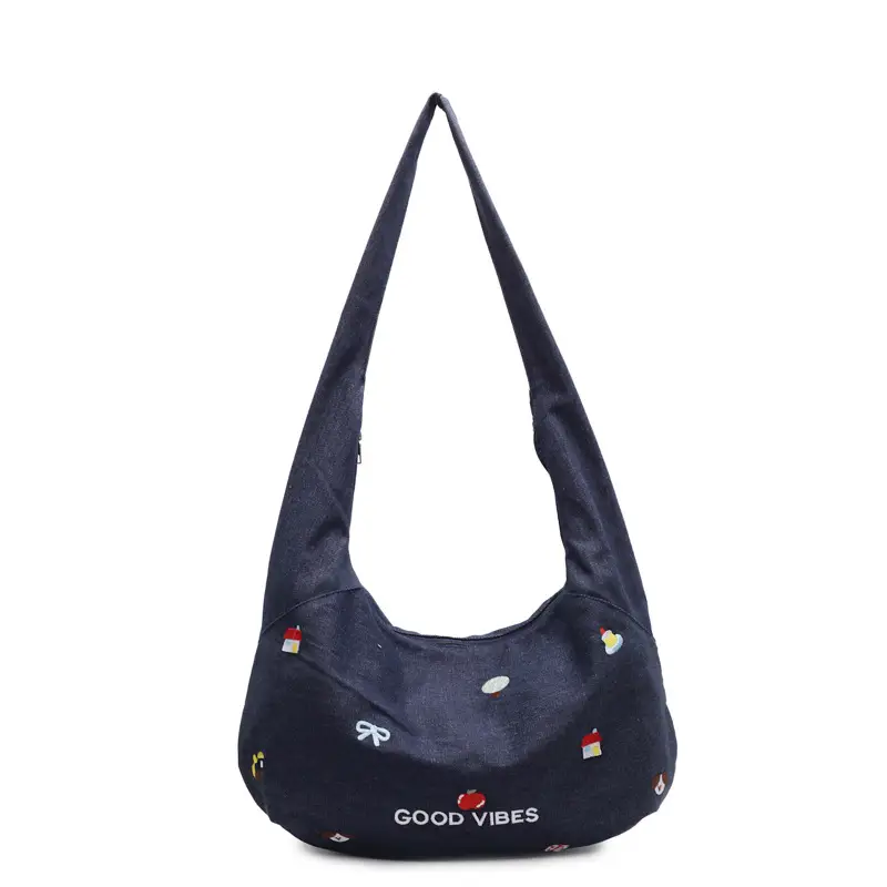Japanese Embroidered Denim Crossbody Bag for Women - Image 3