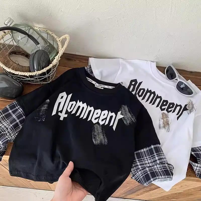Boys Long Sleeve T-Shirt Black Plaid Sleeve Korean Style