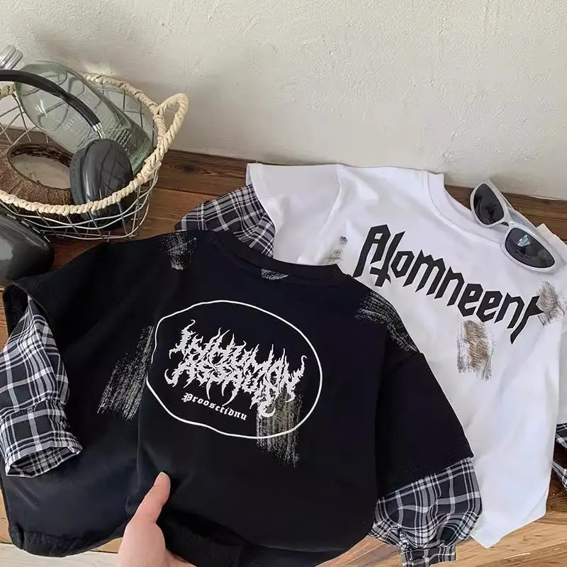 Boys Long Sleeve T-Shirt Black Plaid Sleeve Korean Style