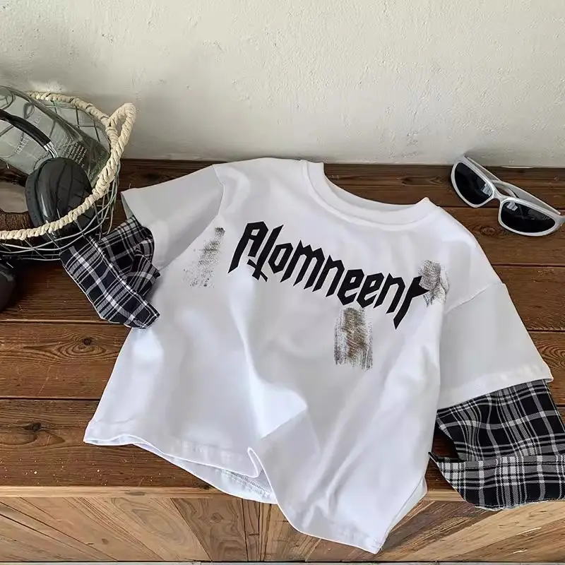 Boys Long Sleeve T-Shirt Black Plaid Sleeve Korean Style