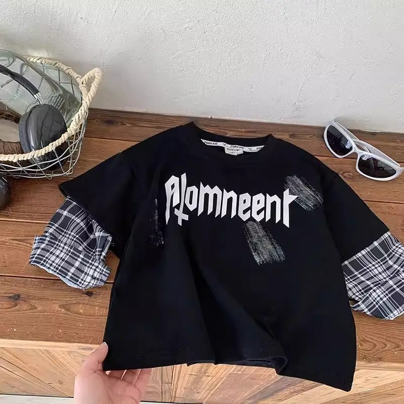 Boys Long Sleeve T-Shirt Black Plaid Sleeve Korean Style