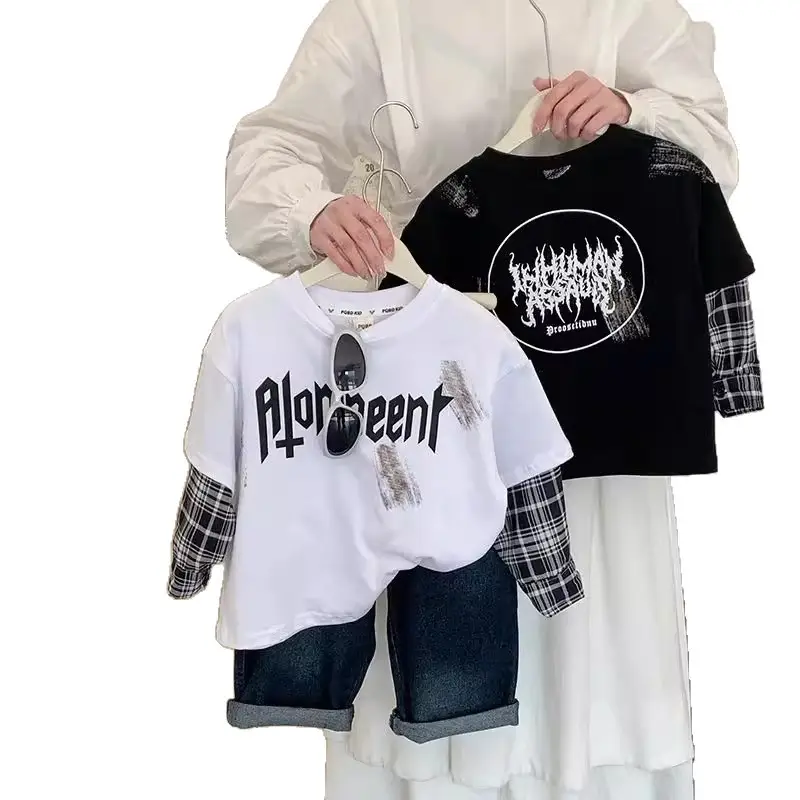 Boys Long Sleeve T-Shirt Black Plaid Sleeve Korean Style