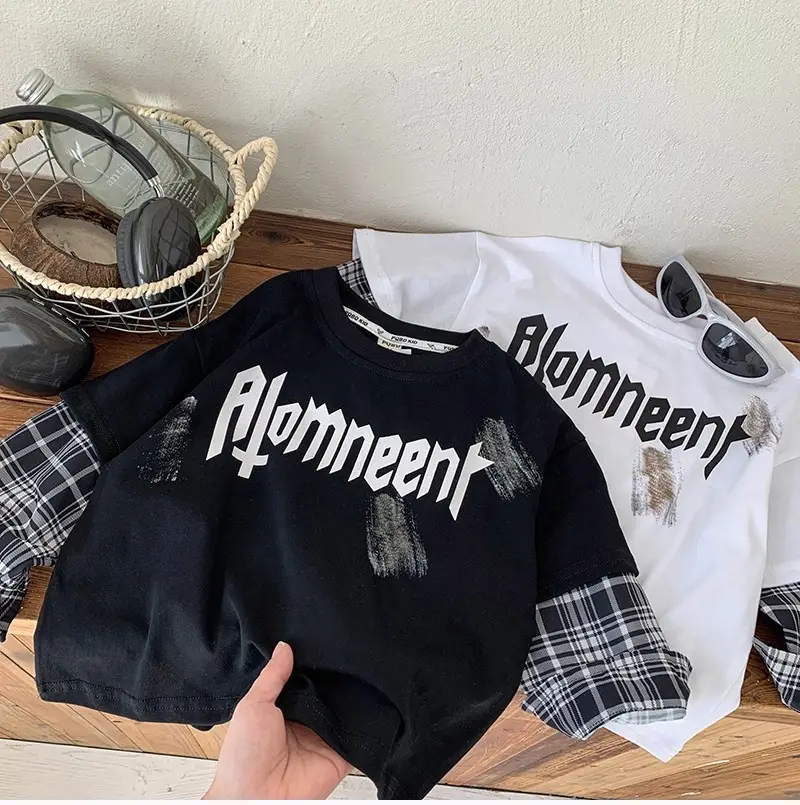 Boys Long Sleeve T-Shirt Black Plaid Sleeve Korean Style — feature 3