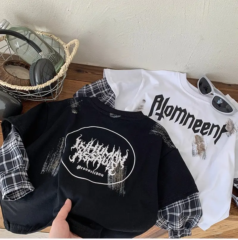 Boys Long Sleeve T-Shirt Black Plaid Sleeve Korean Style — feature 5