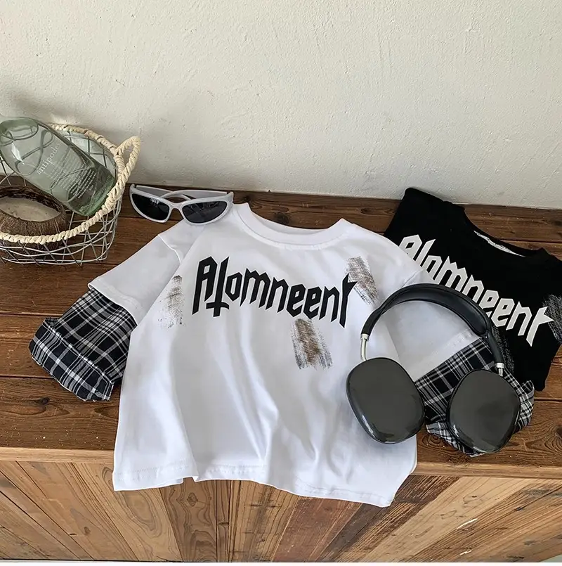 Boys Long Sleeve T-Shirt Black Plaid Sleeve Korean Style — feature 6