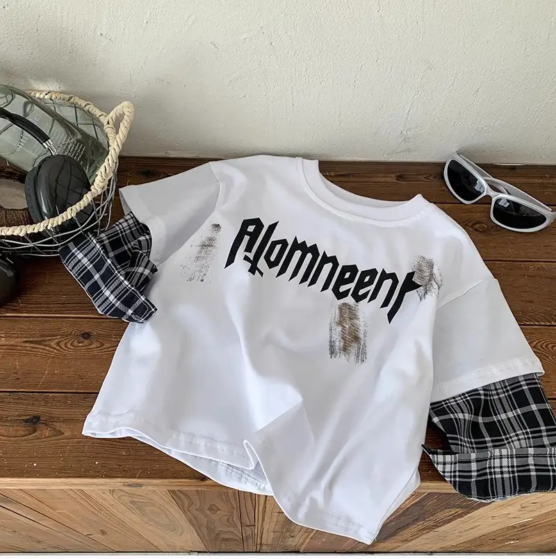 Boys Long Sleeve T-Shirt Black Plaid Sleeve Korean Style — feature 7