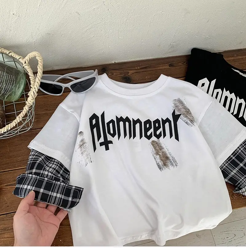 Boys Long Sleeve T-Shirt Black Plaid Sleeve Korean Style — feature 9