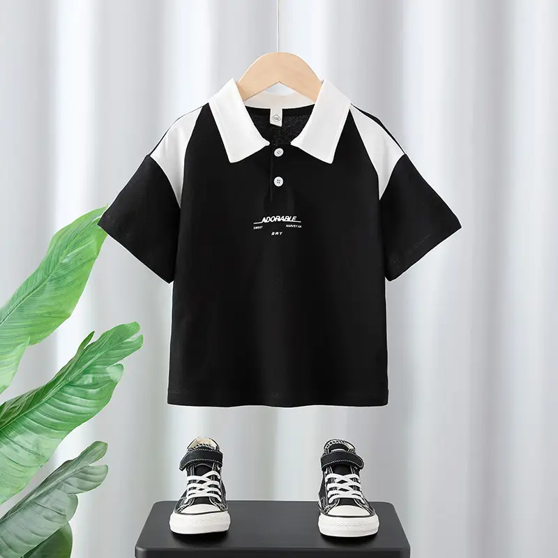 Boys Pure Cotton Polo T-Shirt Black White Medium Large - Image 2