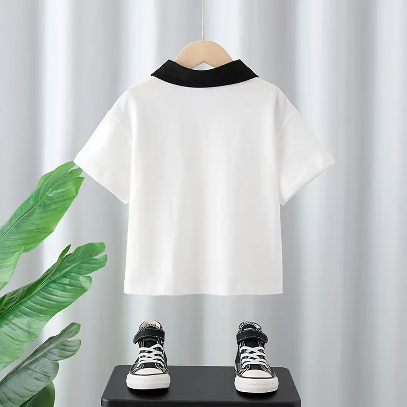 Boys Pure Cotton Polo T-Shirt Black White Medium Large - Image 4