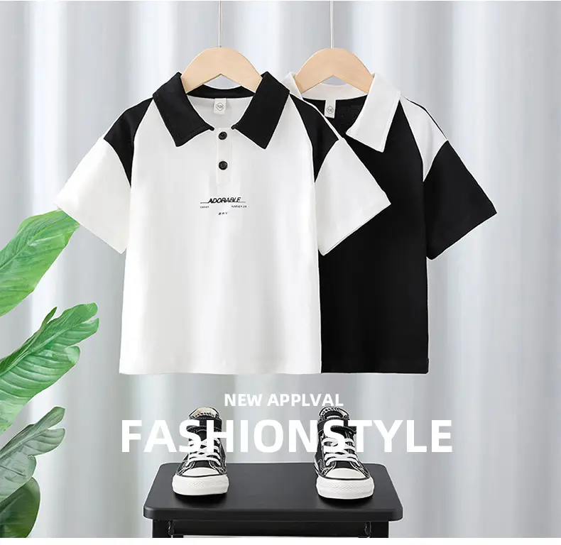 Boys Pure Cotton Polo T-Shirt Black White Medium Large — feature 1