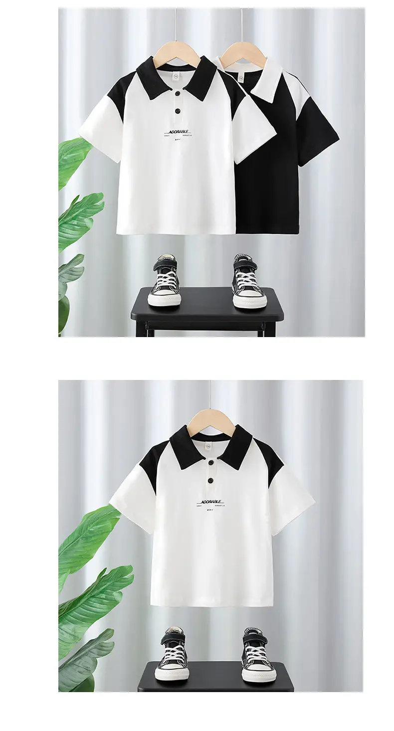 Boys Pure Cotton Polo T-Shirt Black White Medium Large — feature 7