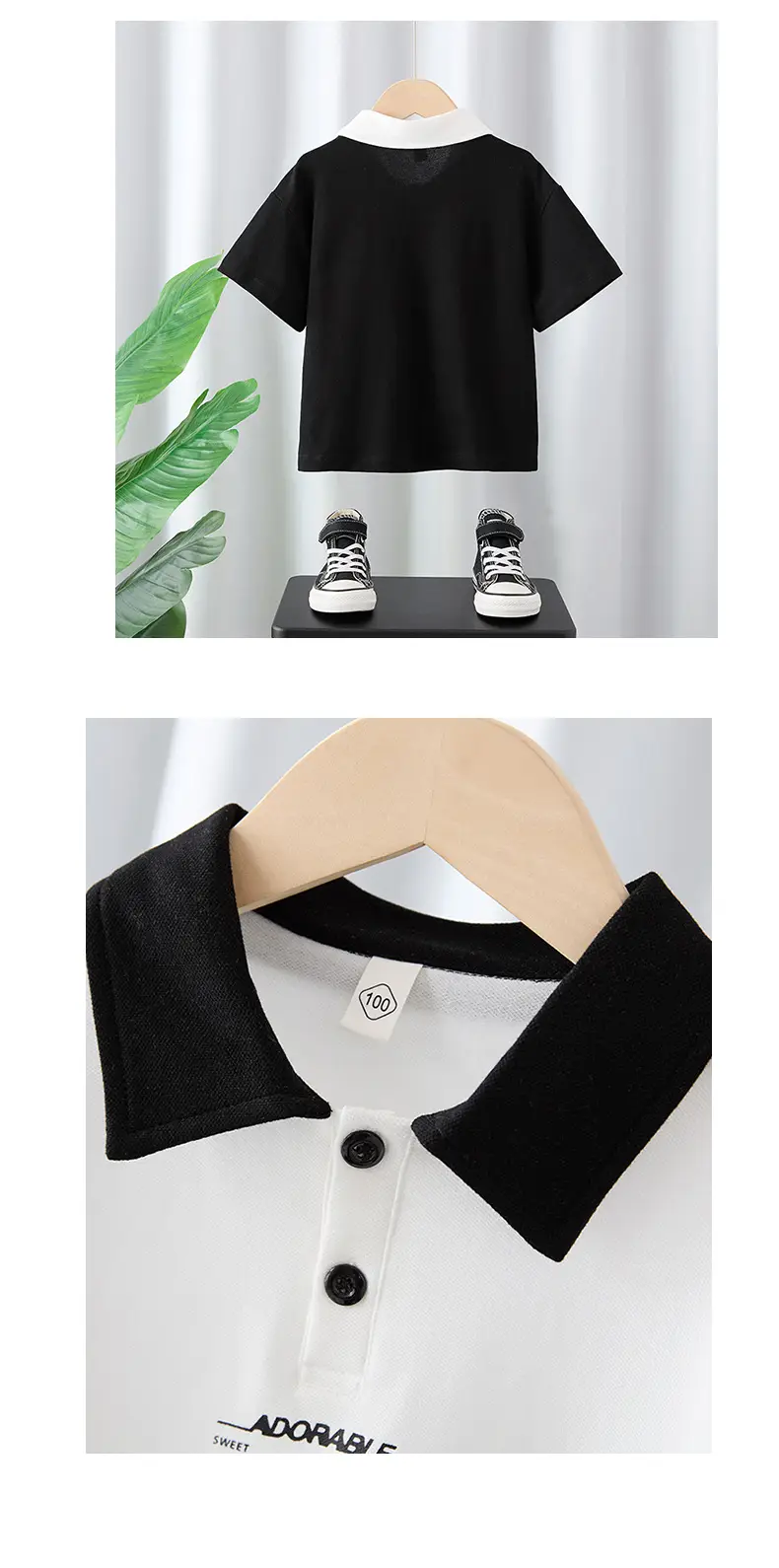 Boys Pure Cotton Polo T-Shirt Black White Medium Large — feature 9