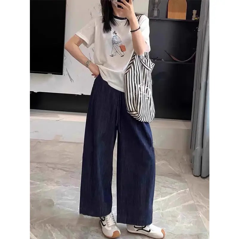 Plus Size Dark Blue Wide Leg Pants for Women