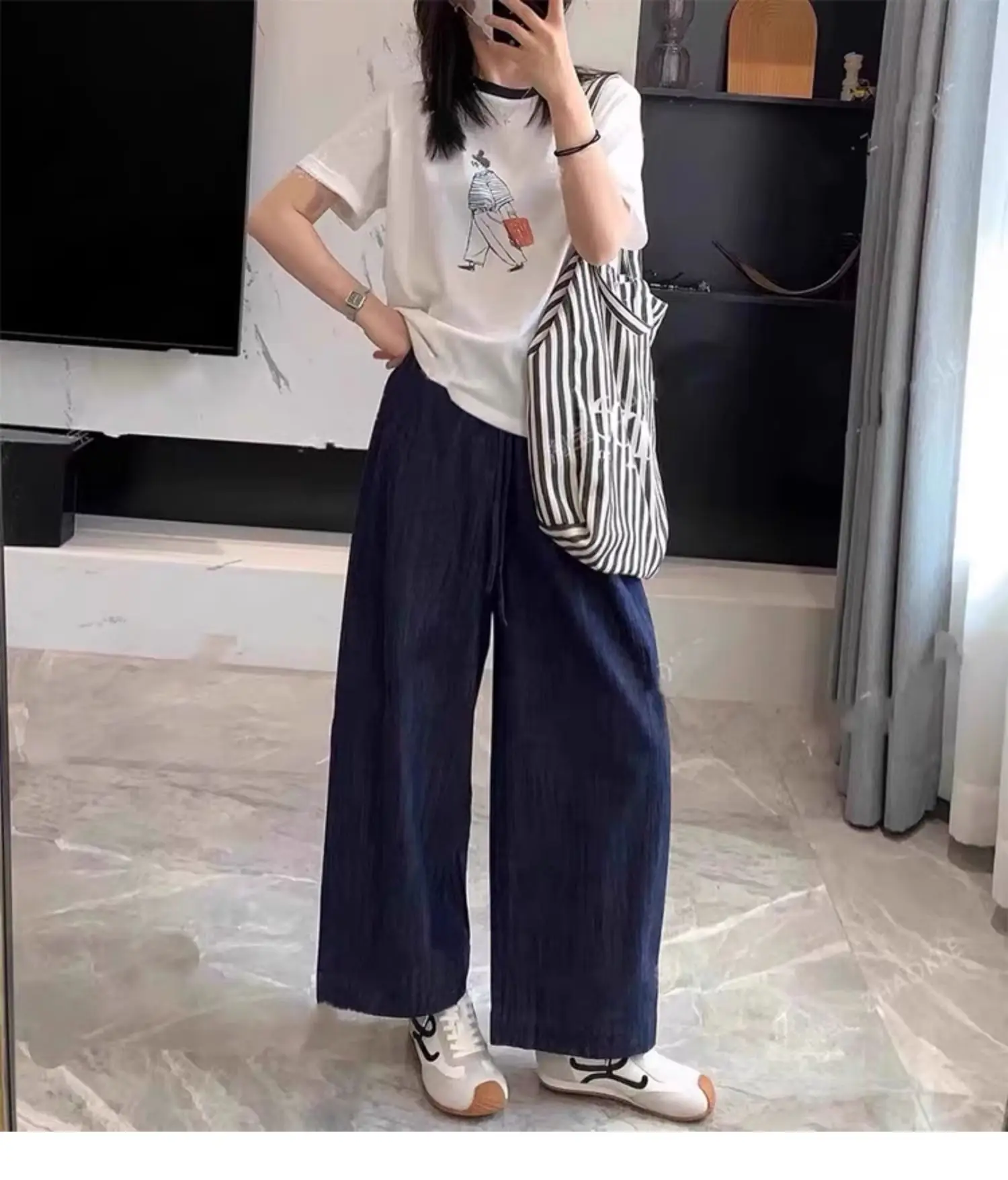 Plus Size Dark Blue Wide Leg Pants for Women — feature 3