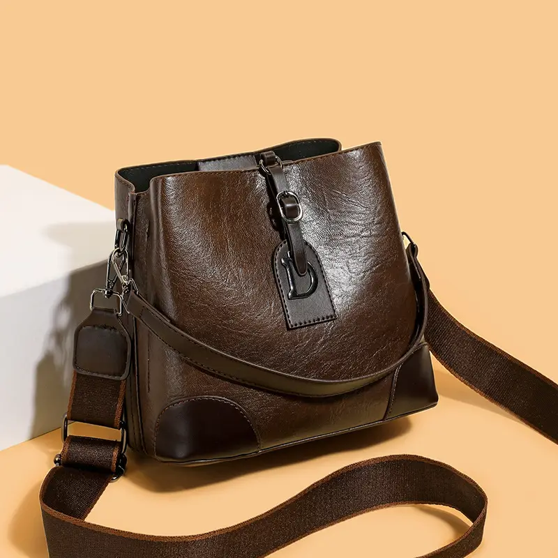 Black Leather Crossbody Bag with D-Logo for Women