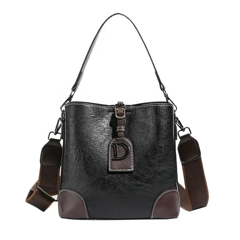 Black Leather Crossbody Bag with D-Logo for Women