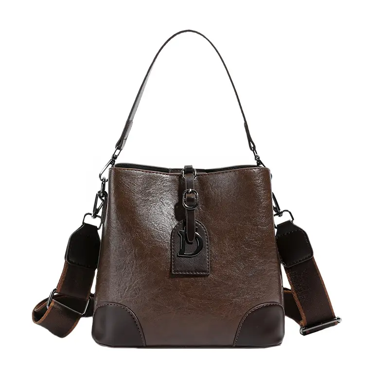 Black Leather Crossbody Bag with D-Logo for Women